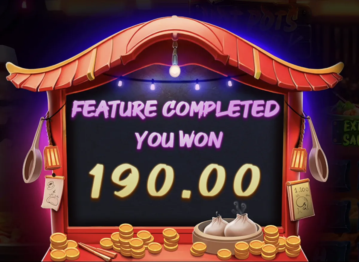 Hot Pots Master feature win screen showing a 190x multiplier payout