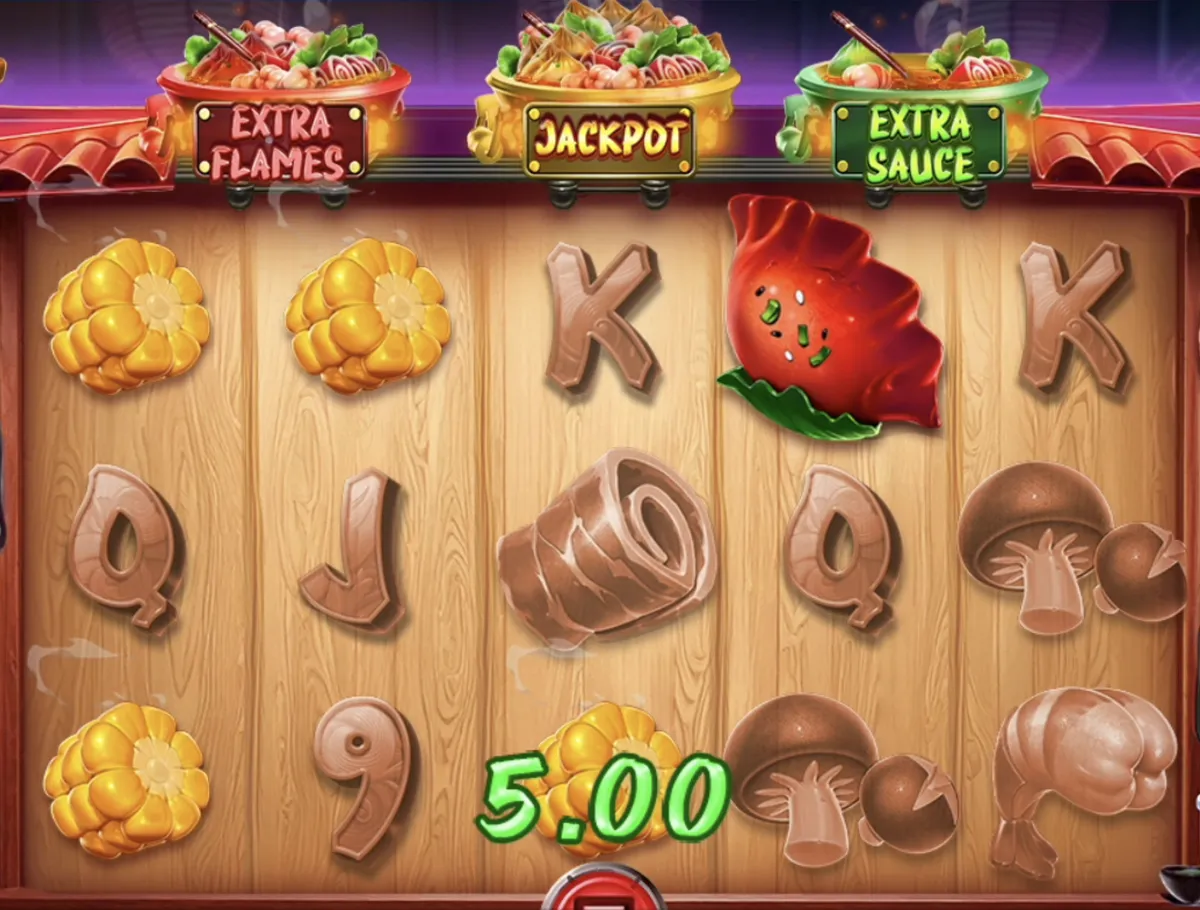 Hot Pots Master gameplay showing a food symbol win combination with meat and shrimp across the reels
