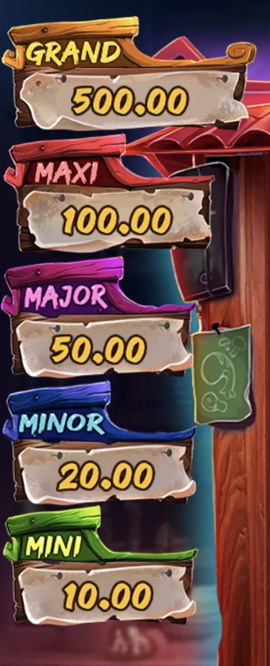 Hot pots master slot jackpot tier display — Hot Pots Master showing Grand 500x, Maxi 100x, Major 50x, Minor 20x, and Mini 10x tiers with corresponding dumpling symbols